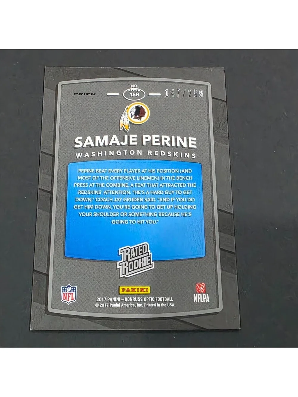 2017 Donruss Optic - Rated Rookie Samaje Perine #156 Aqua Prizm /299 (RC)